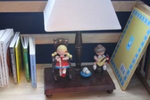 Our little library lamp is from Eric's nursery.  It is charming and plays a little song.